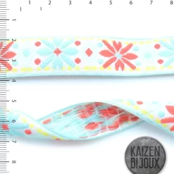 Galon 30 mm Bordado Base Aqua Flores