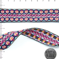 Galon Bordado Base Negra Rosa 2,8 cm