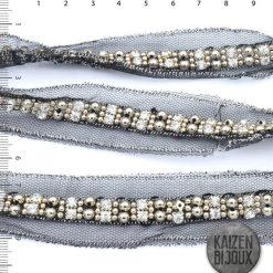 Galon Bordado Bolitas y Strass base negra